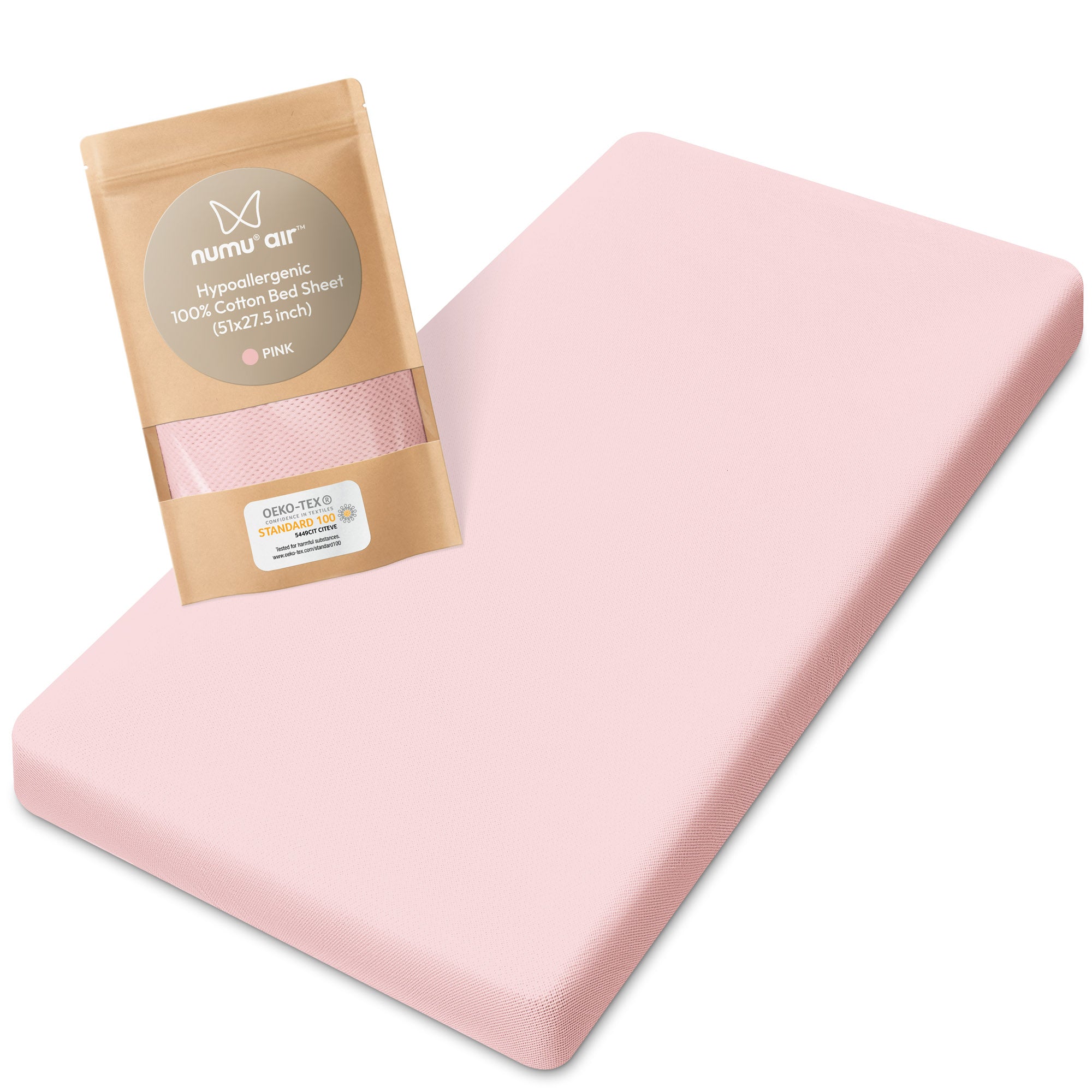A bedsheets in pink color being laid out on a bed, with the brand numu air depicted in the packaging.