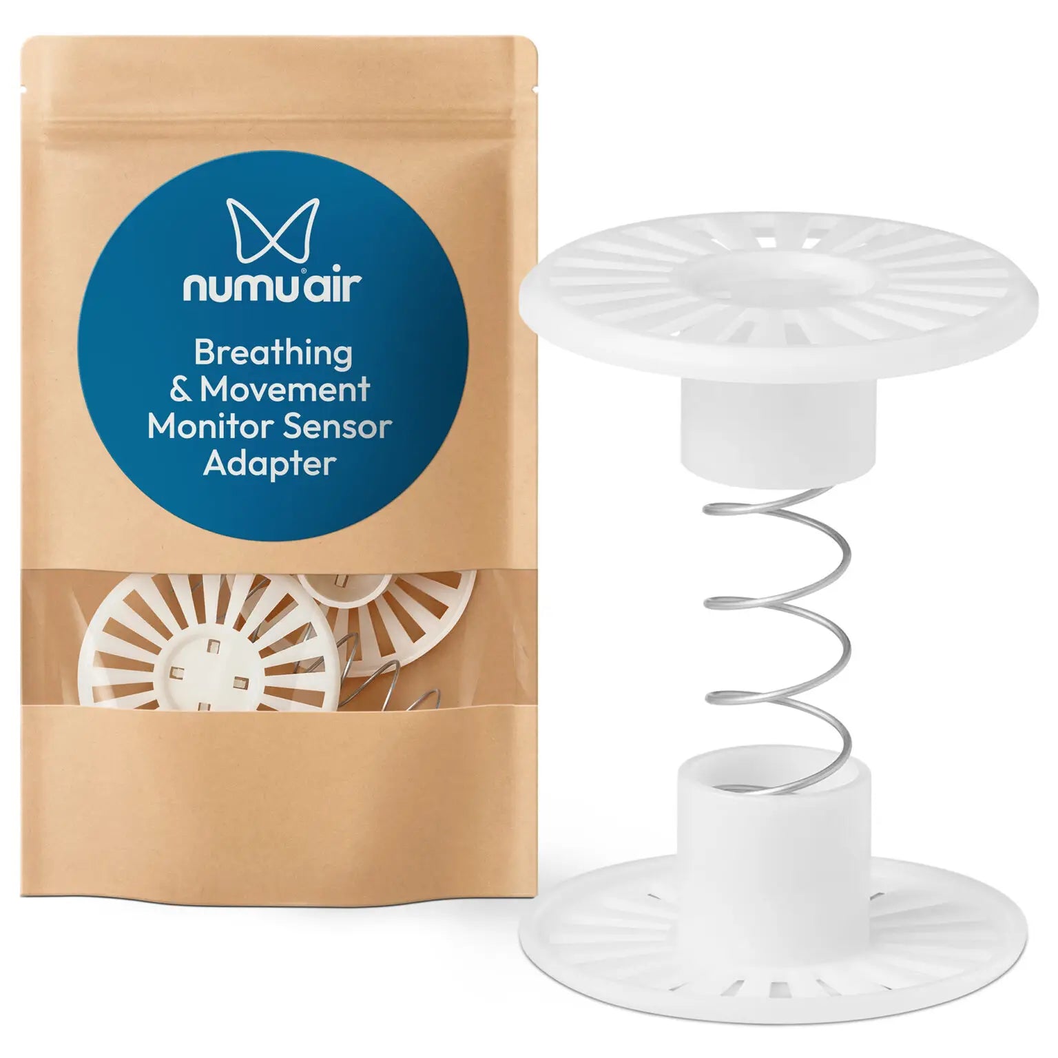 Numuair breathing and movement monitor sensor adapter with packaging on a white background