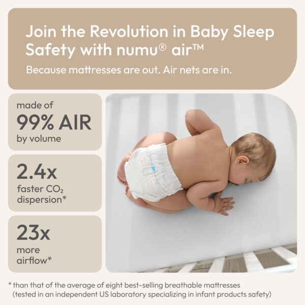 prone baby on numu air baby mattress with scientific stats on airflow